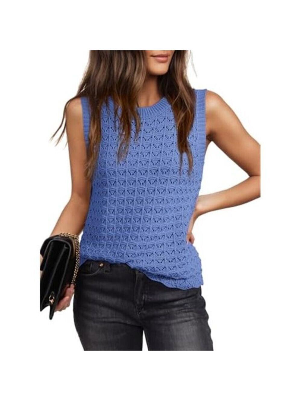 Sky Blue Crochet Sleeveless Sweater Tank Top Summer Clothes